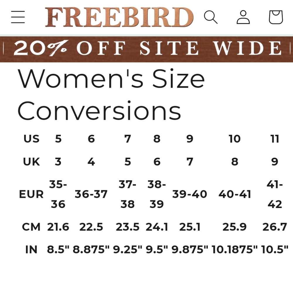 FreeBird Size Chart